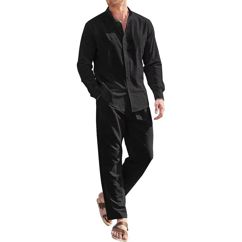 Men's Cotton Linen 2-Piece Set – Casual Beach Shirt & Pants