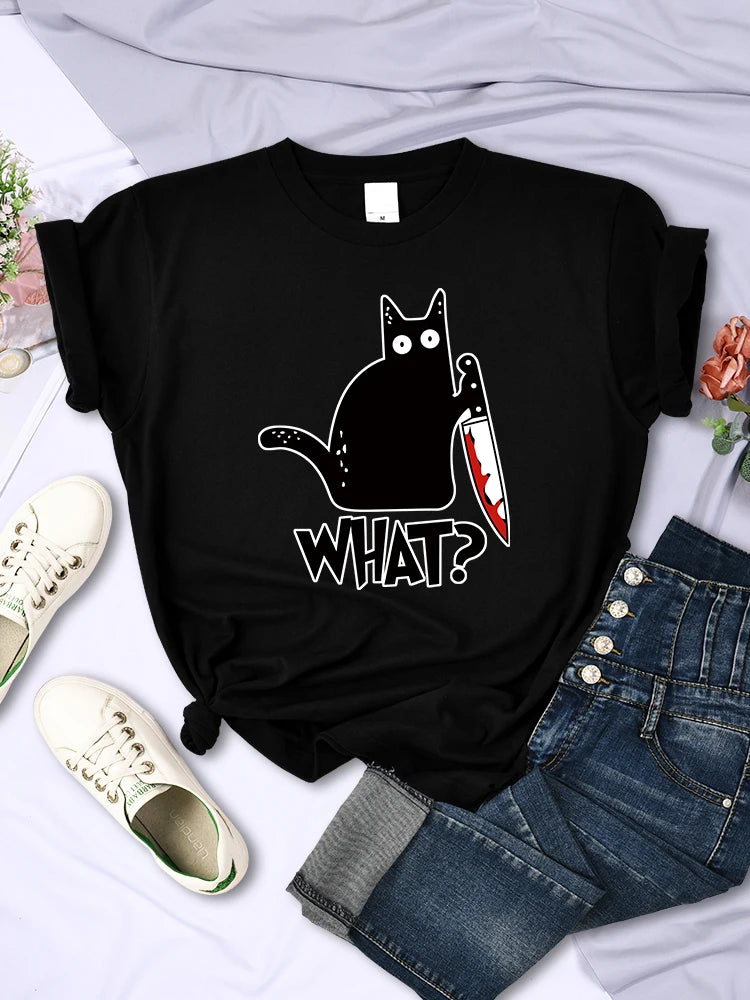 Black Cat Knife Tee – Women’s Short Sleeve Summer Streetwear