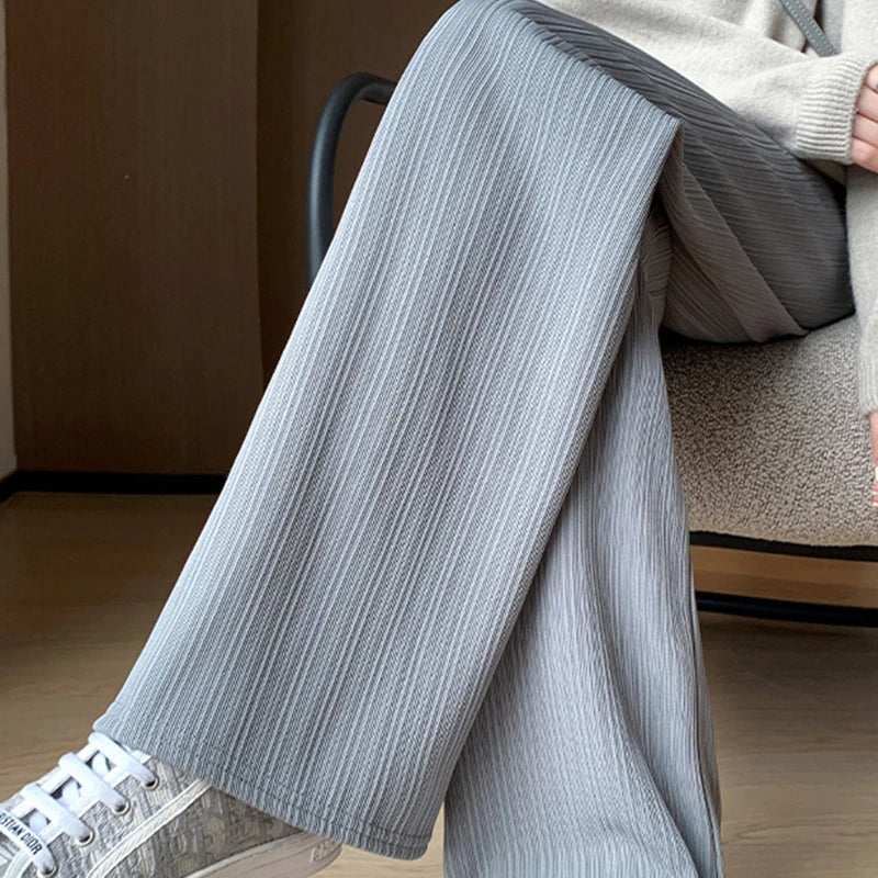 Casual Fleece Lined Wide Leg Pants Women High Waist Warm Winter Trousers Solid Color Loose Straight Pocket Pants