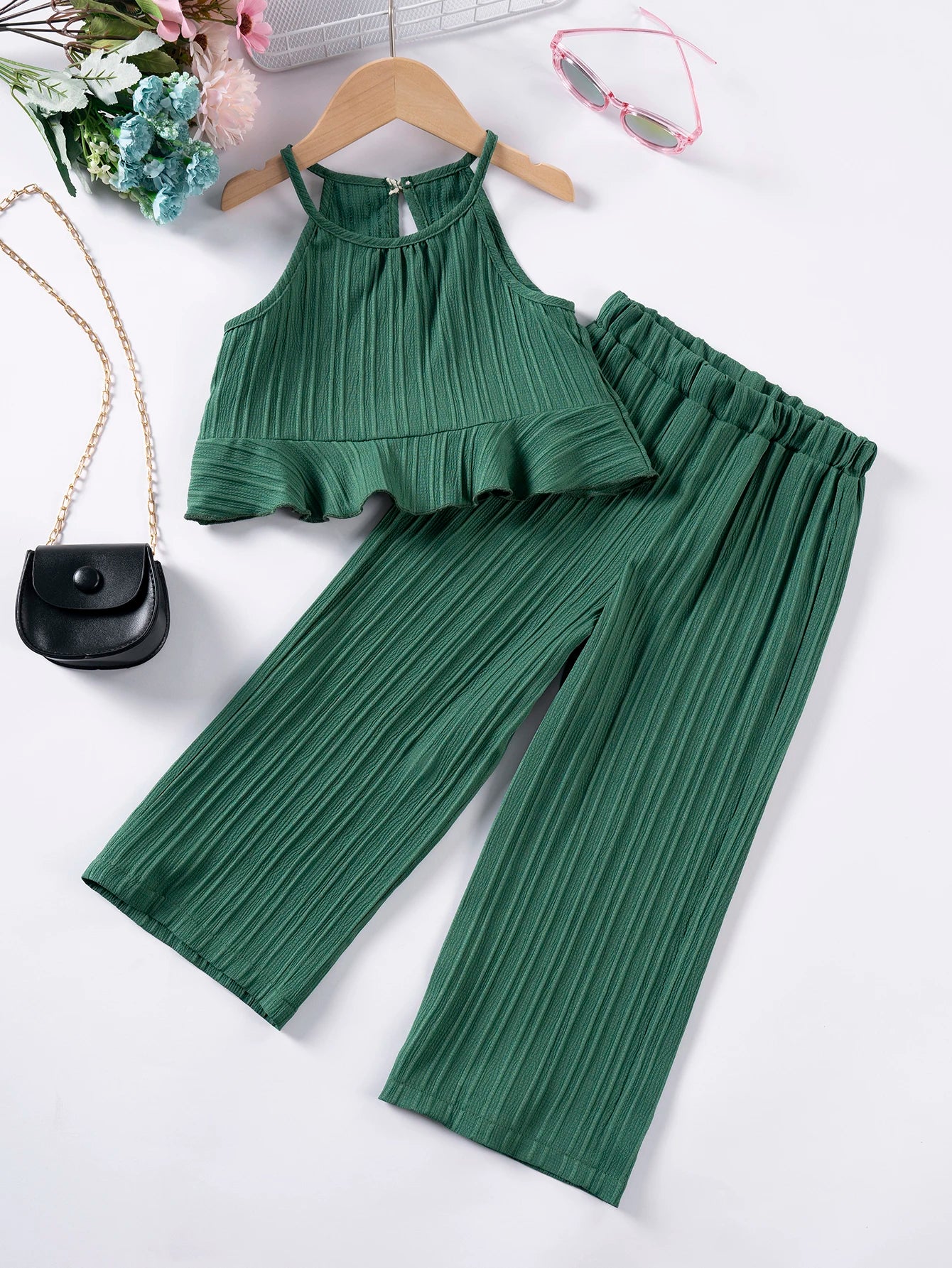 Girls’ Summer Halter Top & Wide-Leg Pants Set – Beach Vacation Outfit