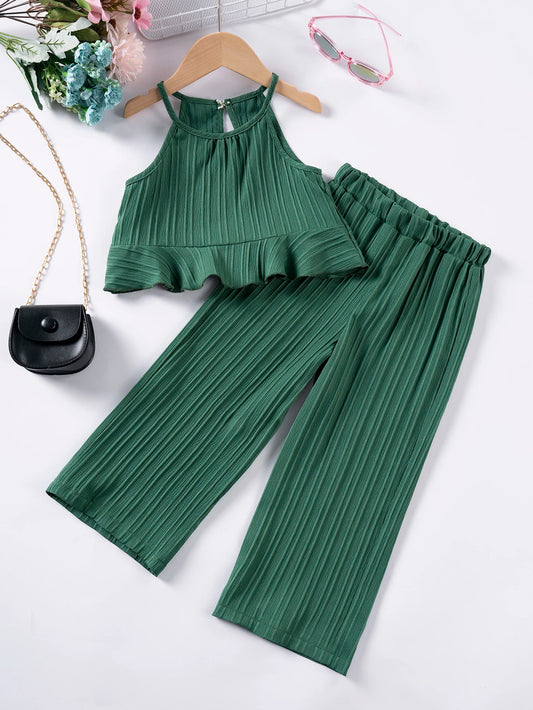 Girls’ Summer Halter Top & Wide-Leg Pants Set – Beach Vacation Outfit