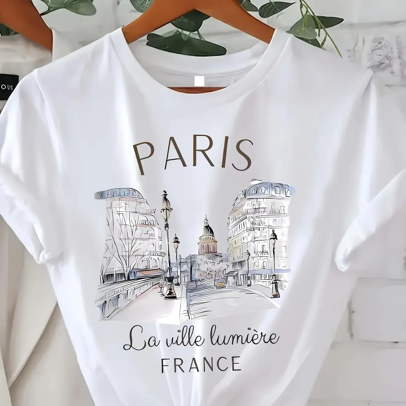 90s Paris Print T-Shirt – Women’s Casual Crew Neck Tee