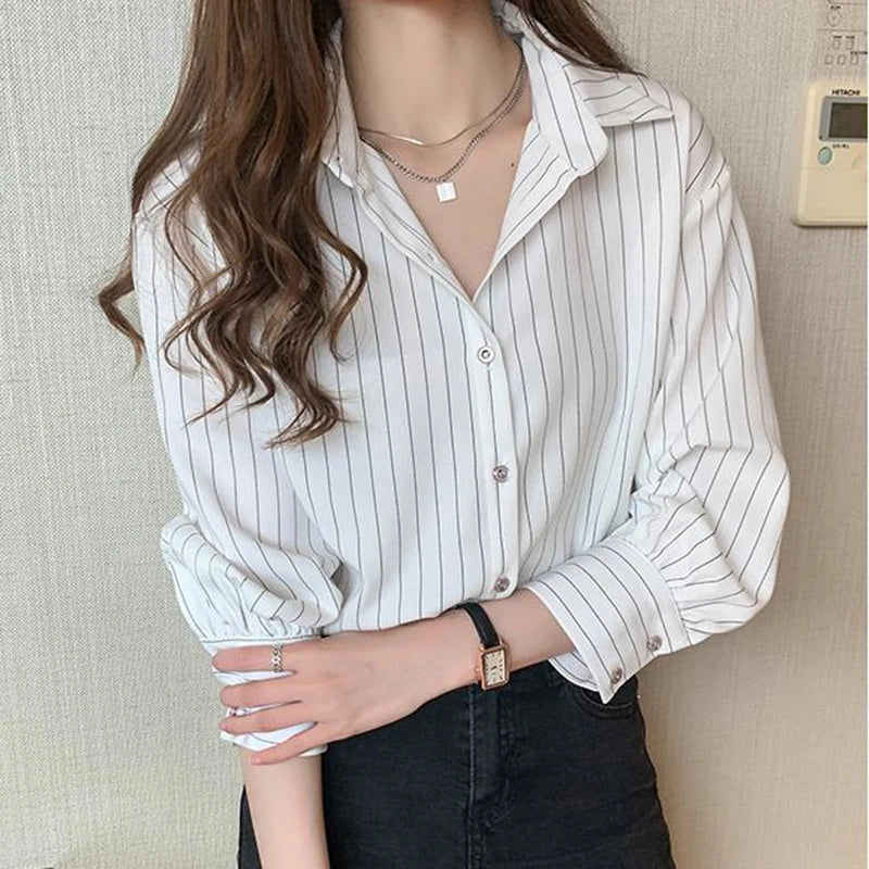 Women’s Striped Summer Shirt – Vintage Chic Loose Long Sleeve Blouse