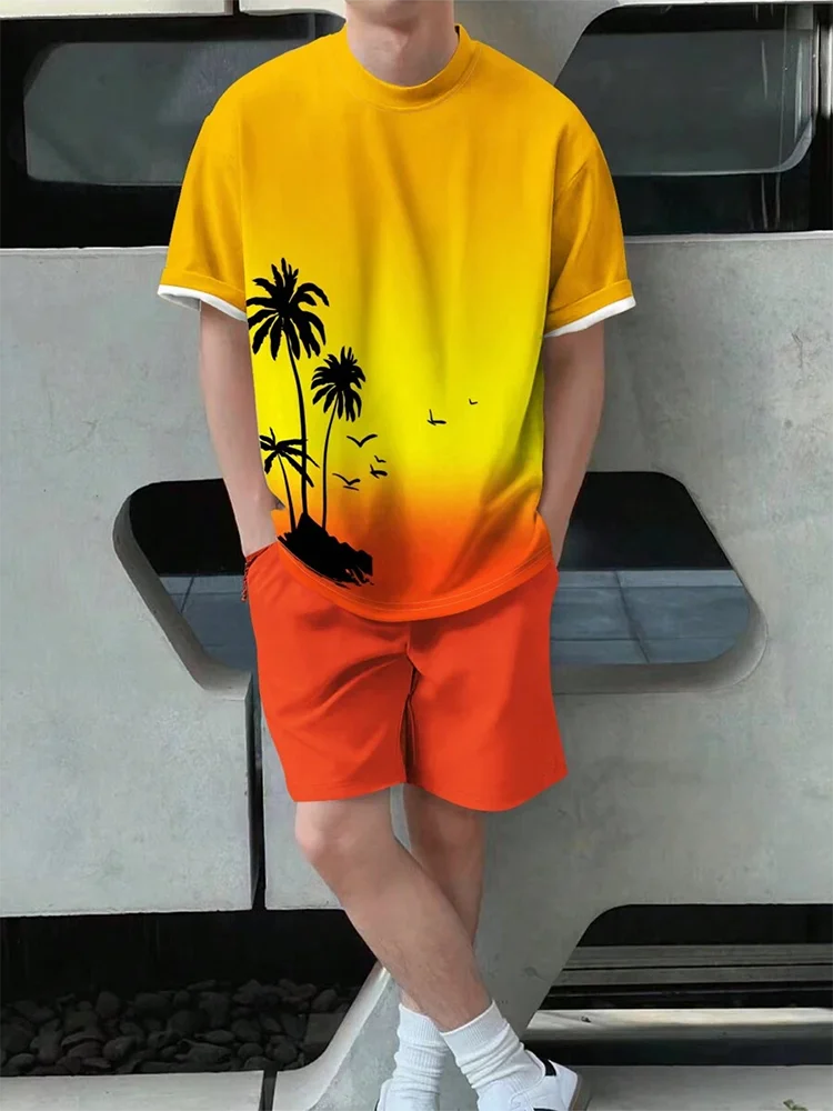 Men's 3D Palm Print Hawaiian Set – Summer Casual T-Shirt & Beach Shorts for Everyday, Vacation, Outdoor Wear
