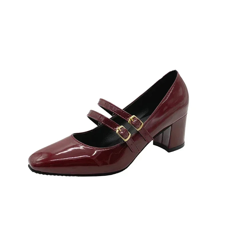 2025 Women’s Double Buckle Leather Shoes – Square Toe, Square Heel, Solid Color, Spring/Autumn