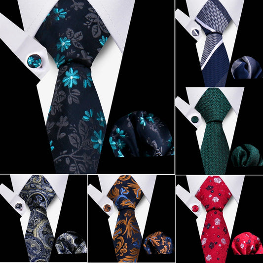 Classic Men’s Tie Set Plaid Necktie with Pocket Square & Cufflinks Business Wedding Gift Accessories