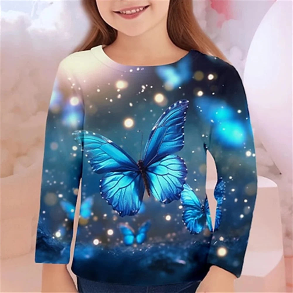 Girls' 3D Butterfly Print Long-Sleeve T-Shirt – Casual Spring/Fall Kids' Top