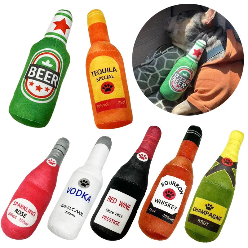 Plush Beer Bottle Dog Toy – Squeaky, Chew, Interactive Play for Small & Large Dogs