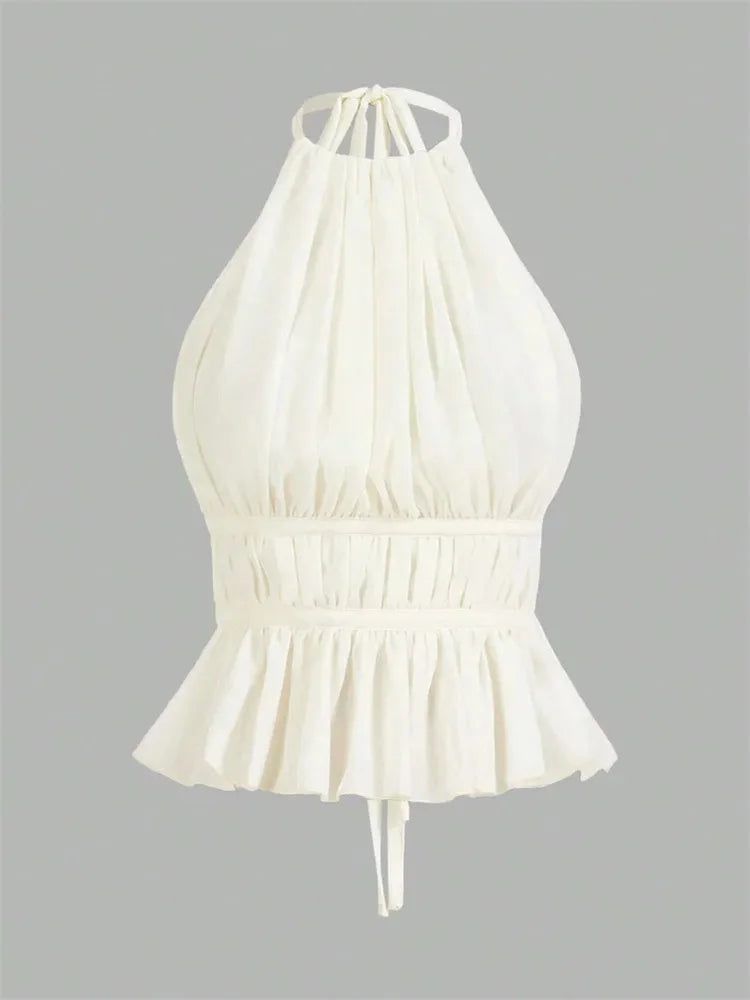Sexy Backless Pleated Halter Top – Ruffle Hem Y2K Camisole