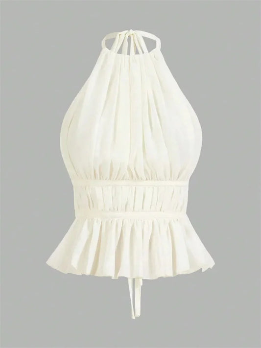 Sexy Backless Pleated Halter Top – Ruffle Hem Y2K Camisole