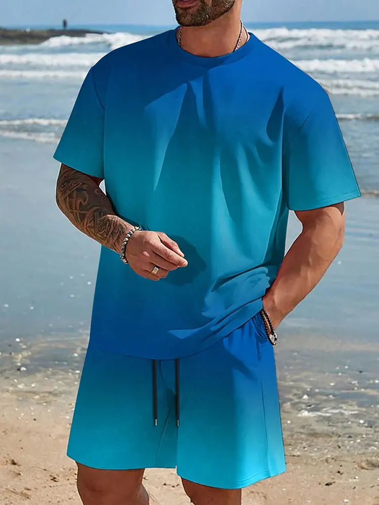 Men's 3D Palm Print Hawaiian Set – Summer Casual T-Shirt & Beach Shorts for Everyday, Vacation, Outdoor Wear