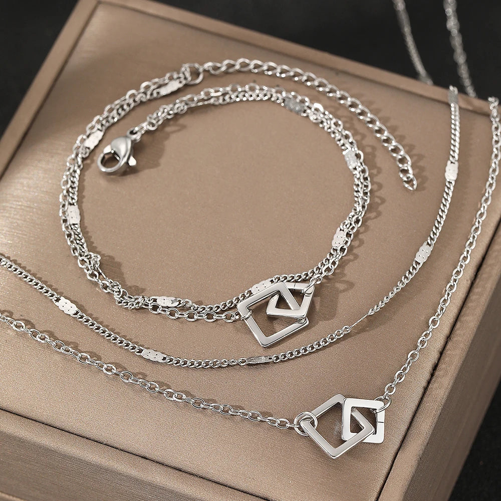 Stainless Steel Necklace & Bracelet Set – Classic Fashion Jewelry for Women