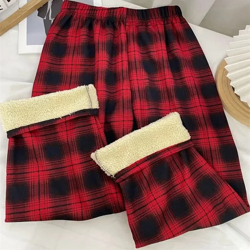 Women’s Winter Plaid Wide-Leg Pants – High-Waist & Fleece-Lined
