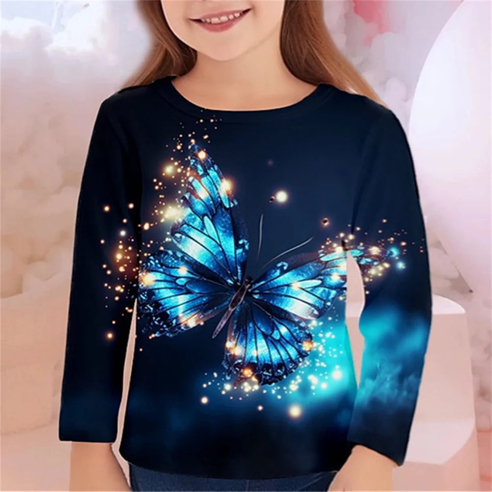 Girls' 3D Butterfly Print Long-Sleeve T-Shirt – Casual Spring/Fall Kids' Top