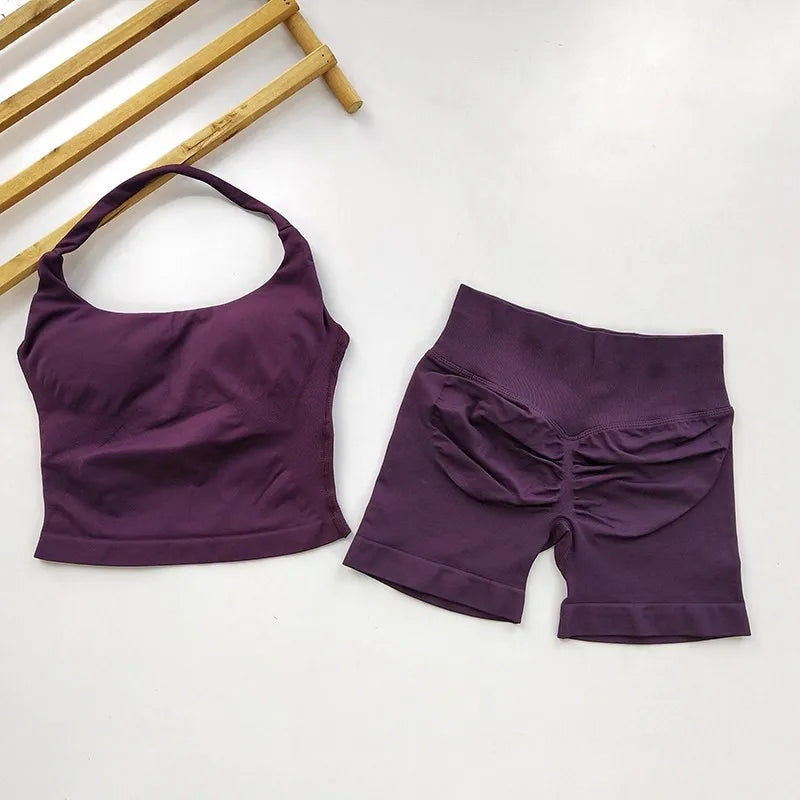 Women’s 2-Piece Yoga & Gym Set – Backless Halter Top & High-Waist Seamless Shorts
