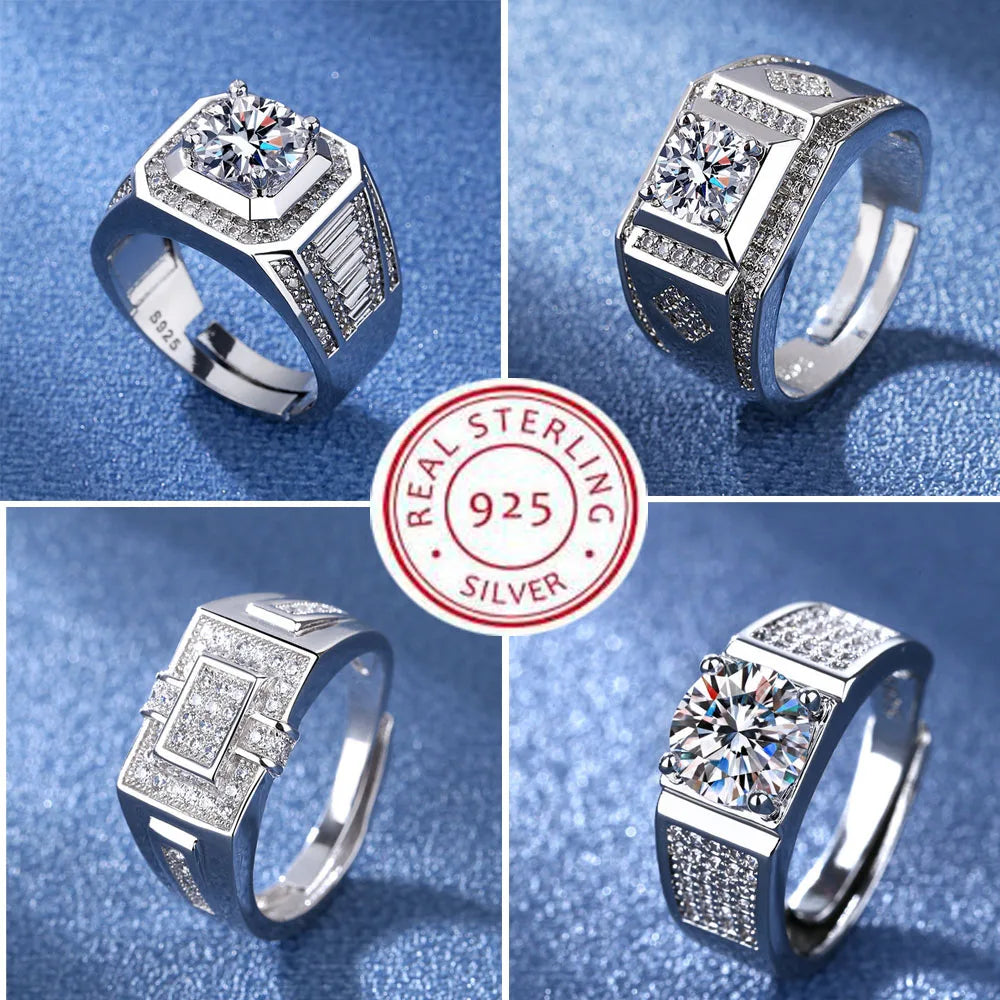 925 Sterling Silver Adjustable Crystal Ring – Fashion Wedding & Engagement Jewelry for Men