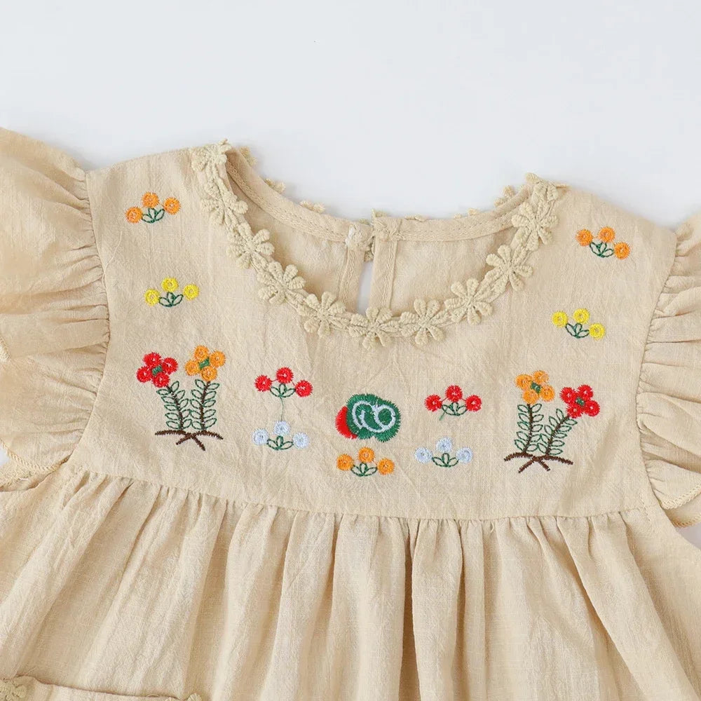 Girls’ Summer Khaki Embroidered Ruffle Edge Dress Sleeveless with Pocket