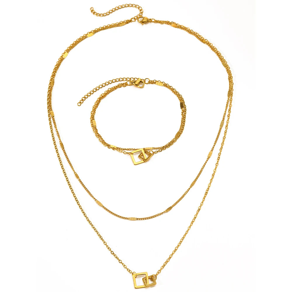 Stainless Steel Necklace & Bracelet Set – Classic Fashion Jewelry for Women