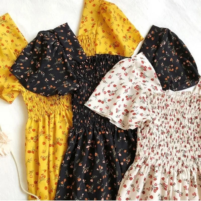 Elegant Korean Summer Floral Dress Style- with Square Neckline, Ruffle Details & Elastic Waist