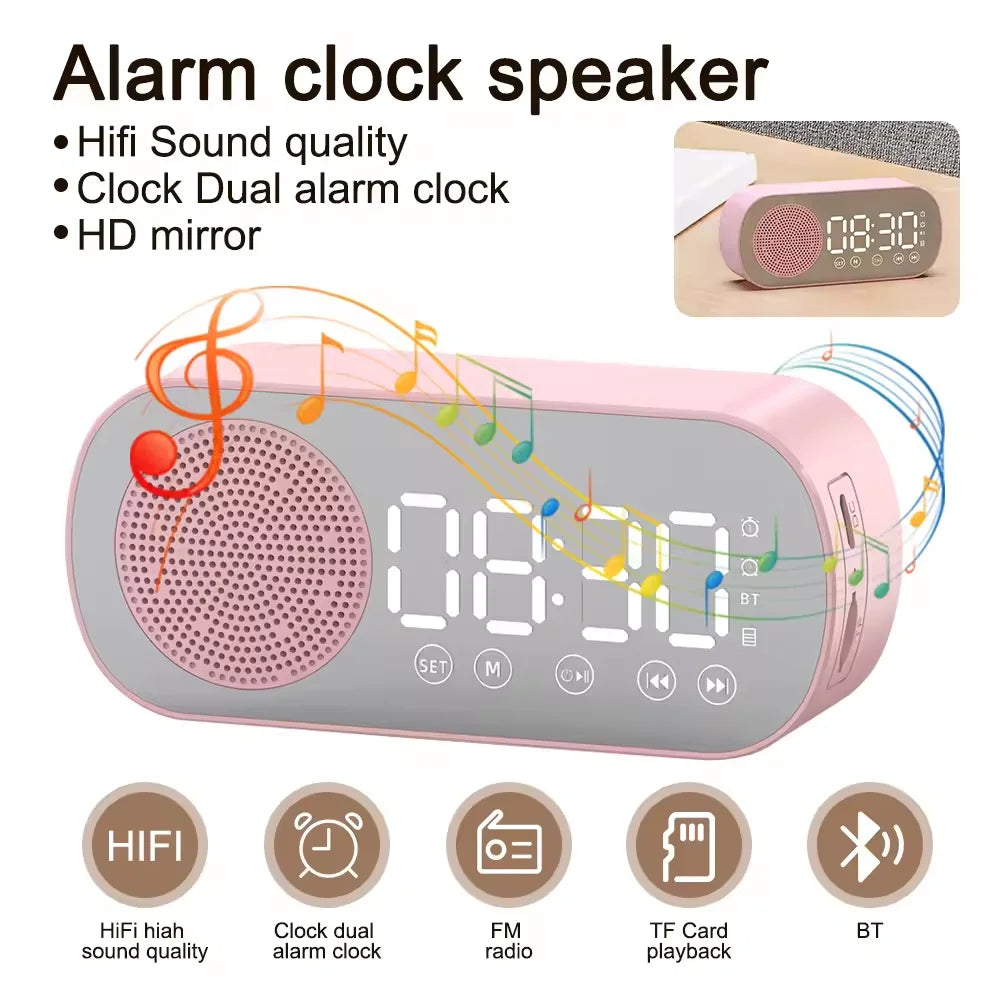 Wireless Bluetooth Speaker & Digital LED Alarm Clock – Mini Mirror Design, Multifunctional for Bedroom & Study
