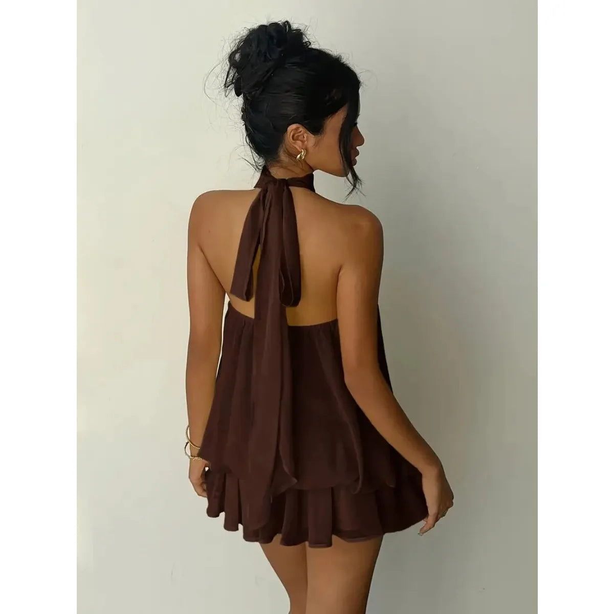 Women’s Y2K Halter Neck Backless Tie-Front Chiffon Mini Dress