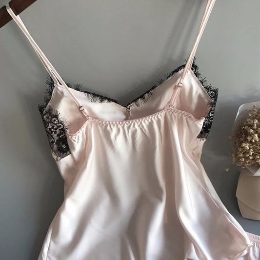 Women’s Satin Pajama Set – V-Neck Lace Baby doll with Bowknot & Sleep Shorts Lingerie
