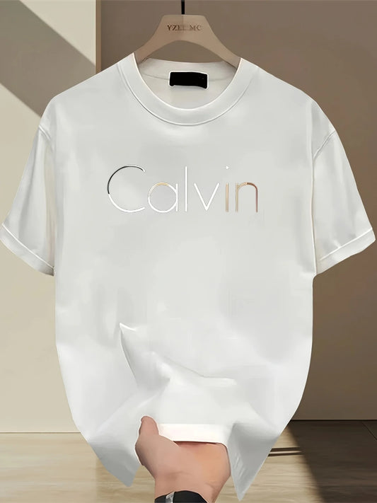 Men's Summer 100% Cotton Loose-Fit Calvin Print Casual Sports Tee, Round Neck, Short Sleeve.