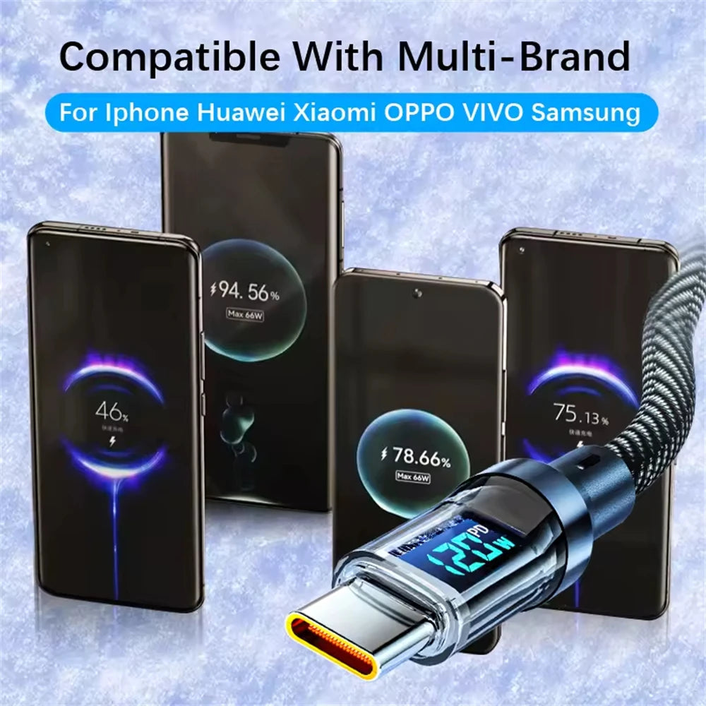 NNBILI 120W Type-C to Type-C Super Fast Charging Cable with LED Display — USB to Type-C Data Cord for Huawei, OPPO, Vivo