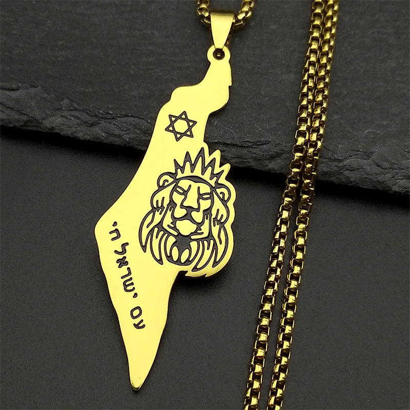Israel Map Lion of Judah Star of David Pendant Necklace – Gold Stainless Steel.