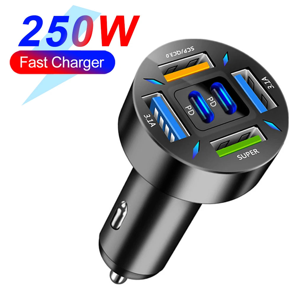 66-250W PD Car Charger QC3.0 Fast Charging Cigarette Lighter Splitter with Digital Display, 1-to-6 Multi Port Adapter