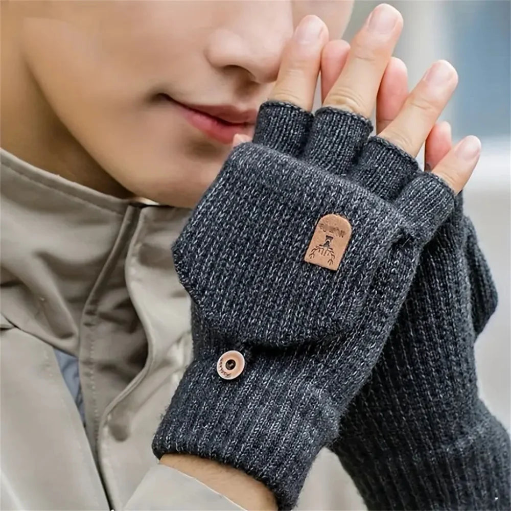 Winter Knitted Flip-Top Gloves – Warm, Windproof, Half-Finger Design for Men & Women