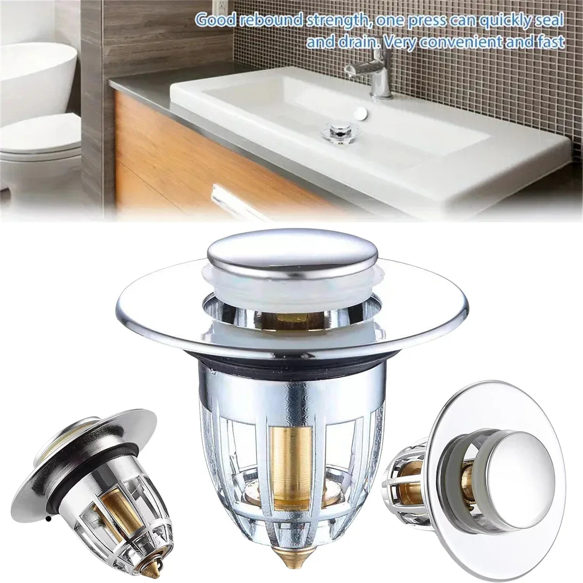 Universal Chrome Sink Drain Filter – Pop-Up Hair Catcher & Easy Push Stopper
