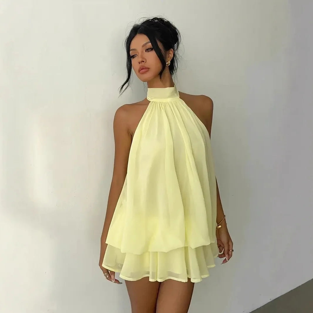 Women’s Y2K Halter Neck Backless Tie-Front Chiffon Mini Dress