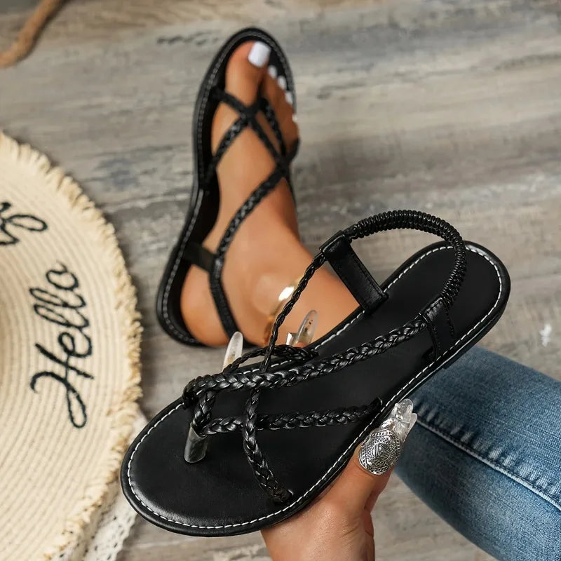 Women's Braided Flat Sandals – Casual, Lightweight, Clip Toe Summer Shoes with Elastic Band in Gold & Silver.
