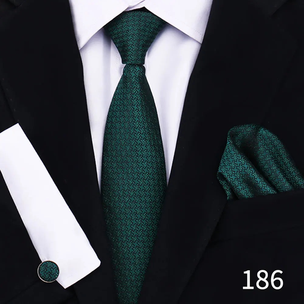 Classic Men’s Tie Set Plaid Necktie with Pocket Square & Cufflinks Business Wedding Gift Accessories
