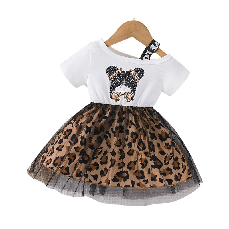Trendy summer dress with leopard print and mesh patchwork for girls aged 1–5 years.