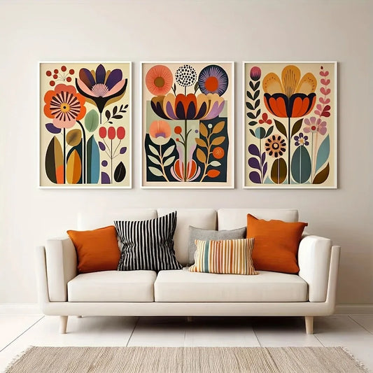 3pcs Scandinavian Folk Art Floral Canvas Prints — Boho Nordic Wall Art for Modern Living Rooms