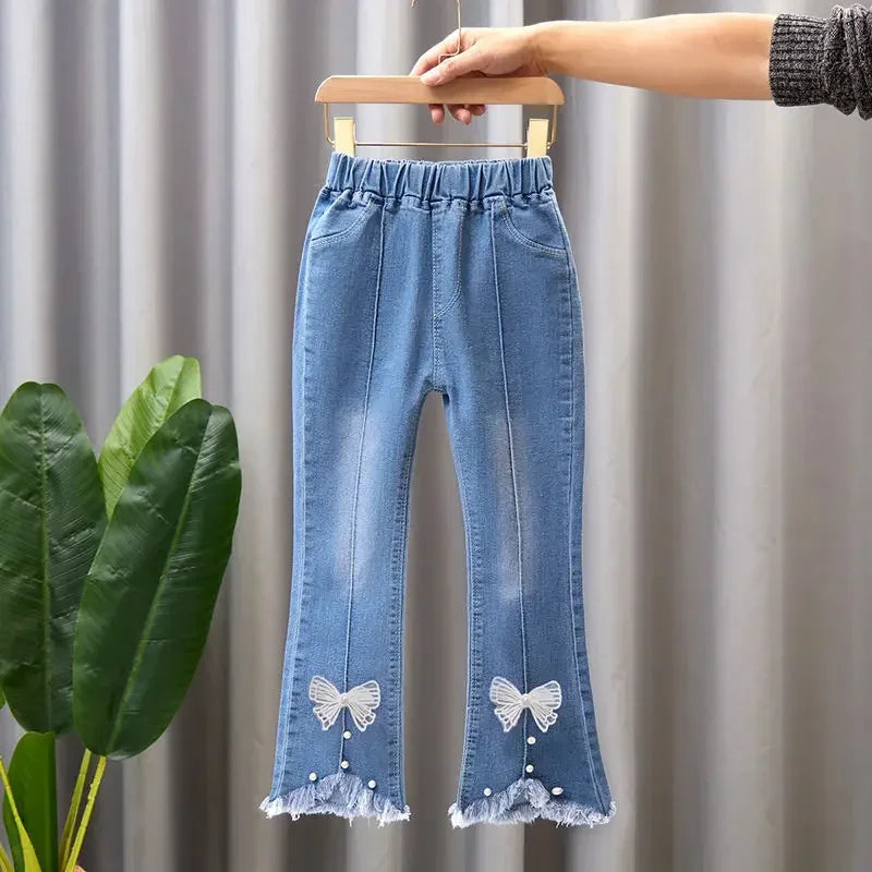 Girls' Printed Bell-Bottom Jeans Fashionable elastic denim trousers for spring/autumn—casual and comfy.