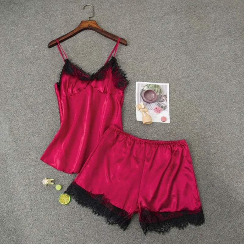 Women’s Satin Pajama Set – V-Neck Lace Baby doll with Bowknot & Sleep Shorts Lingerie