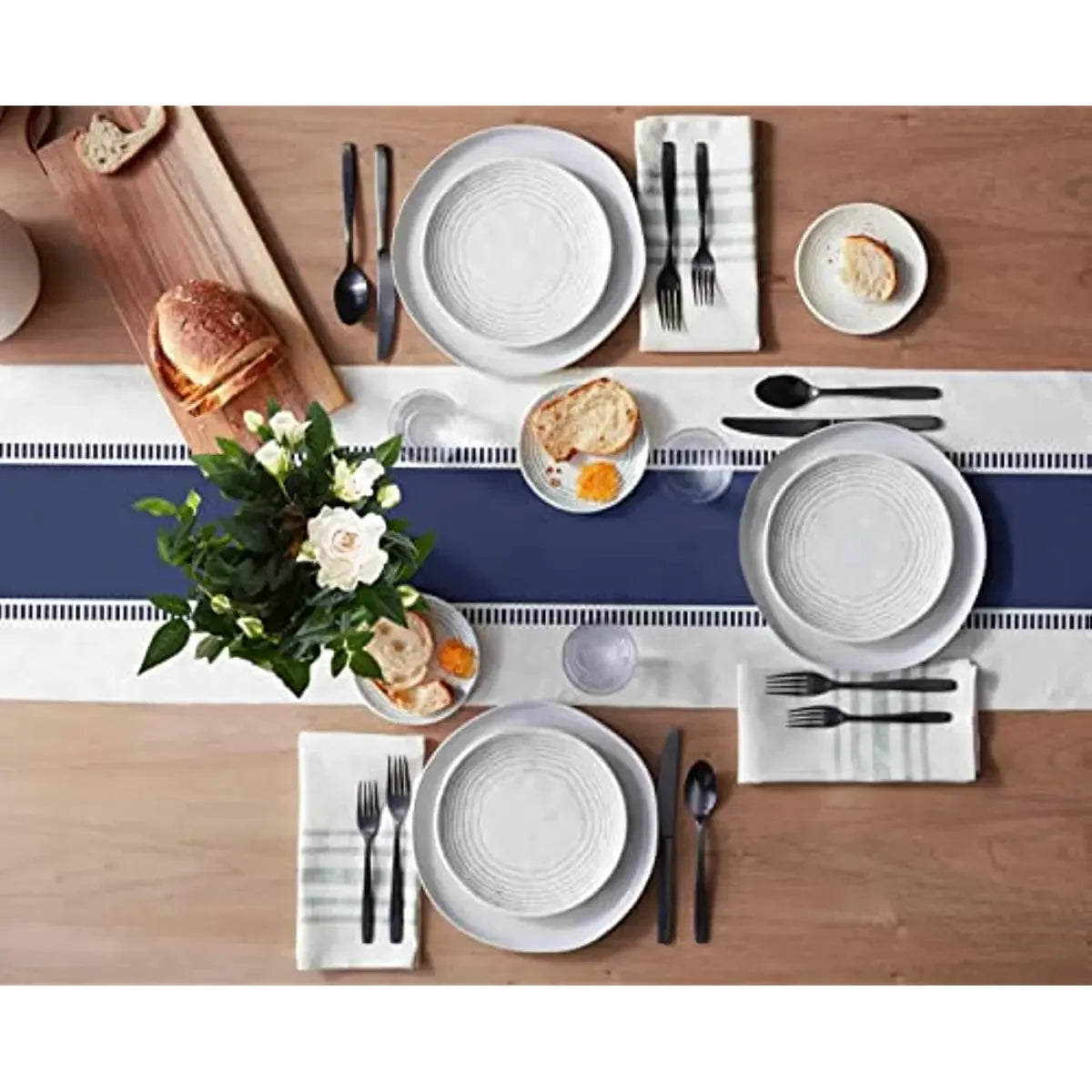 Navy Blue Striped Linen Table Runner – Farmhouse Washable Dresser Scarf for Dining, Wedding & Home Decoration