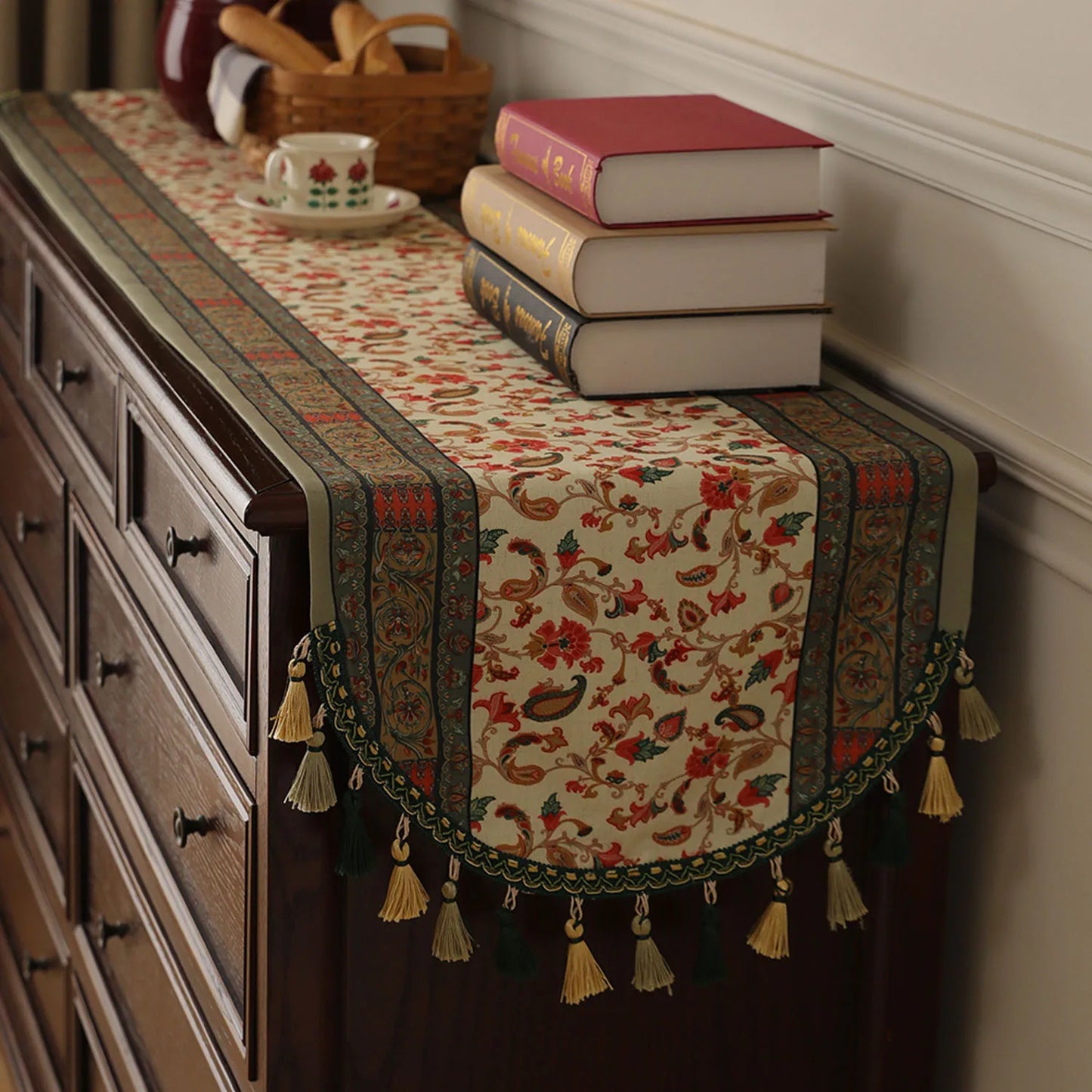 Vintage Linen Table Runner – Boho Luxury Tassel Decor, Extra Long Farmhouse Dining & Tea Ceremony Table Flag