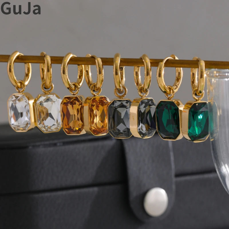 Trendy Women’s Earrings – Stainless Steel with Cubic Zirconia & Glass, Modern Style Gift