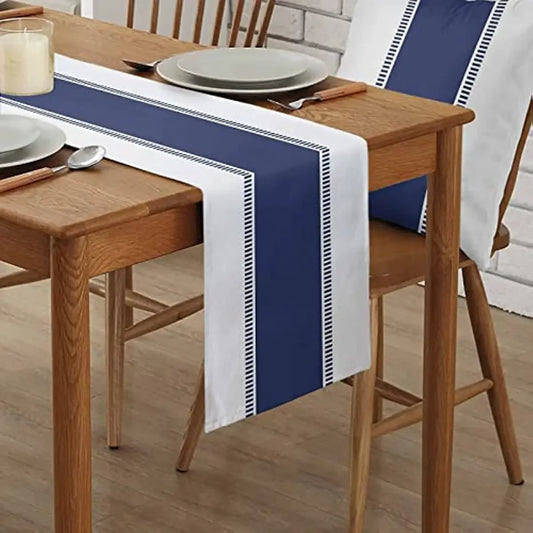 Navy Blue Striped Linen Table Runner – Farmhouse Washable Dresser Scarf for Dining, Wedding & Home Decoration