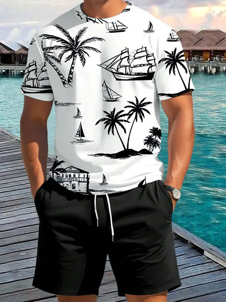 Men's 3D Palm Print Hawaiian Set – Summer Casual T-Shirt & Beach Shorts for Everyday, Vacation, Outdoor Wear
