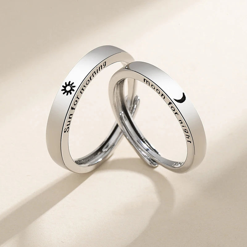 New Silver Sun & Moon Adjustable Couple Rings – Unisex Wedding Jewelry
