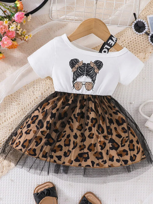 Trendy summer dress with leopard print and mesh patchwork for girls aged 1–5 years.