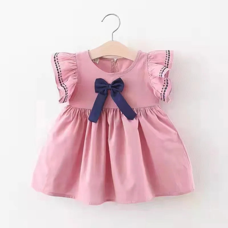 Girls’ Flying Sleeve Cotton Princess Dress with Big Bow