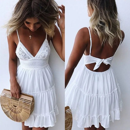 Women's Summer Lace Strap Dress – Solid Color, Elegant Beachwear