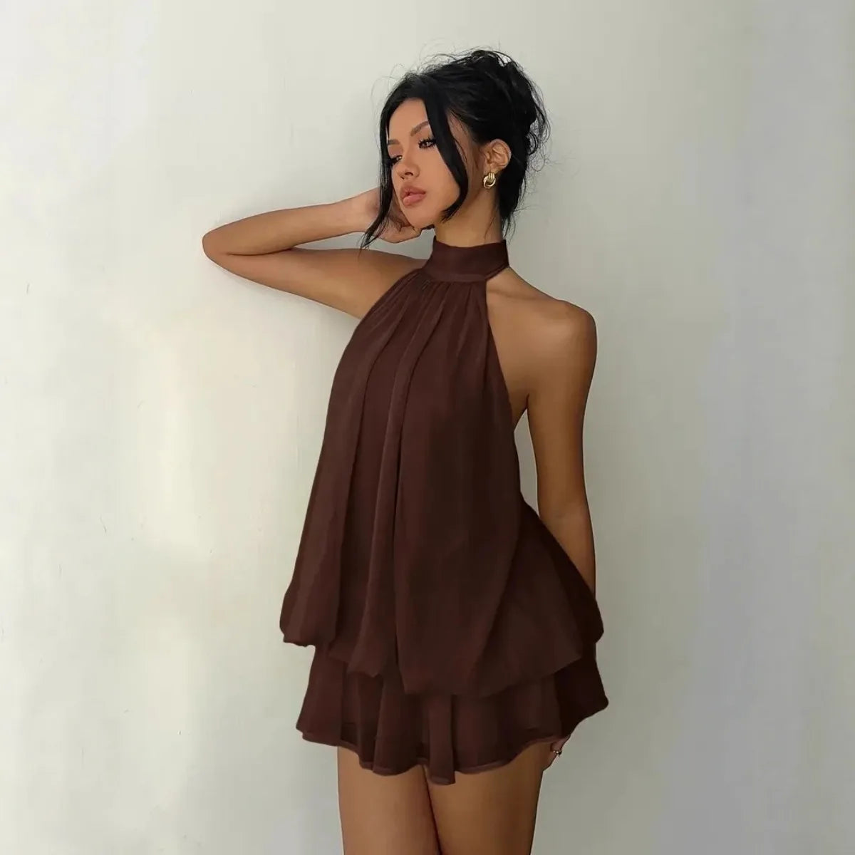 Women’s Y2K Halter Neck Backless Tie-Front Chiffon Mini Dress