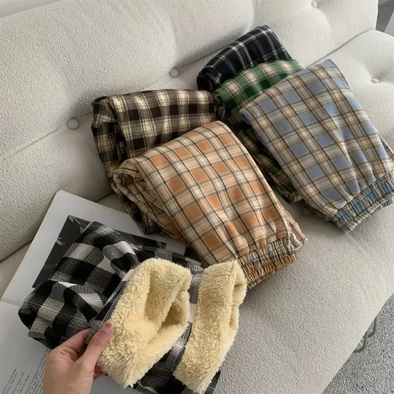 Women’s Winter Plaid Wide-Leg Pants – High-Waist & Fleece-Lined